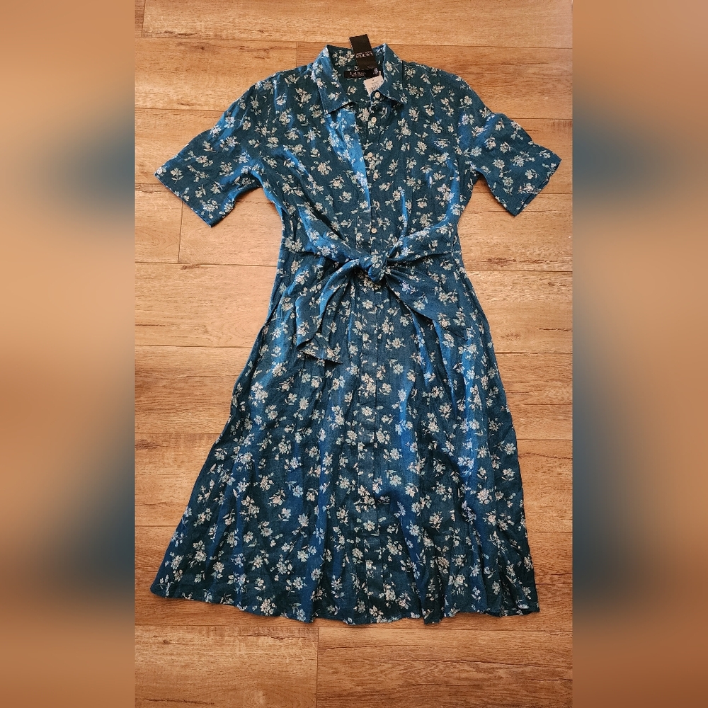 NWT $185 Ralph Lauren womens 10 Floral Linen MidI Dress Waist Bow Tie Button Up - Picture 3 of 13